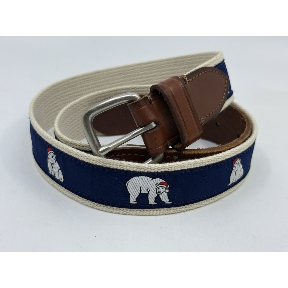 J Crew Golf Belt Men 34 Blue Canvas Brown Leather Webb Santa Winter Polar Bear